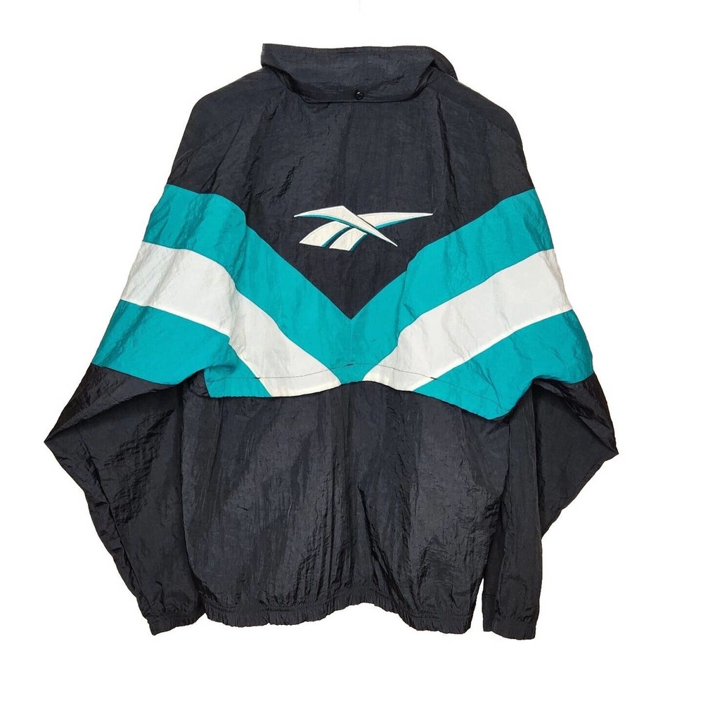 Vintage Reebok Windbreaker Jacket Packable Hood Black White Green Men's M